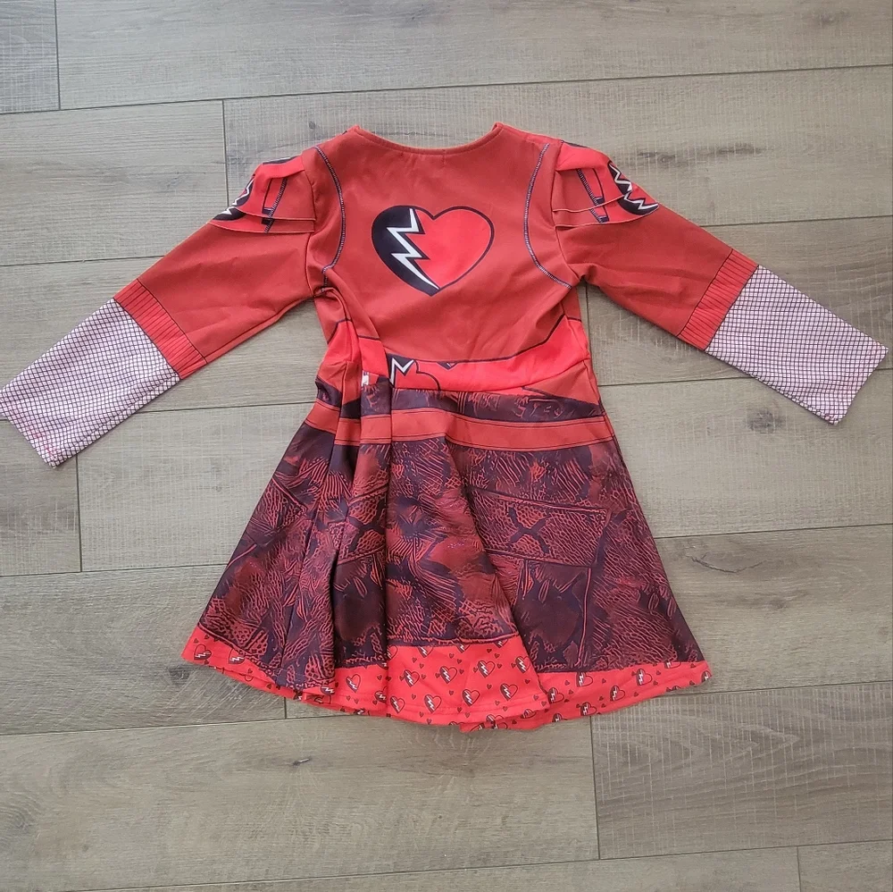 Girls Descendants Red Costume Dress Gloves Evie Heart Necklace Size 9-10